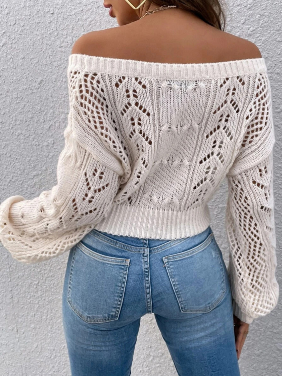 Openwork Off-Shoulder Long Sleeve Sweater