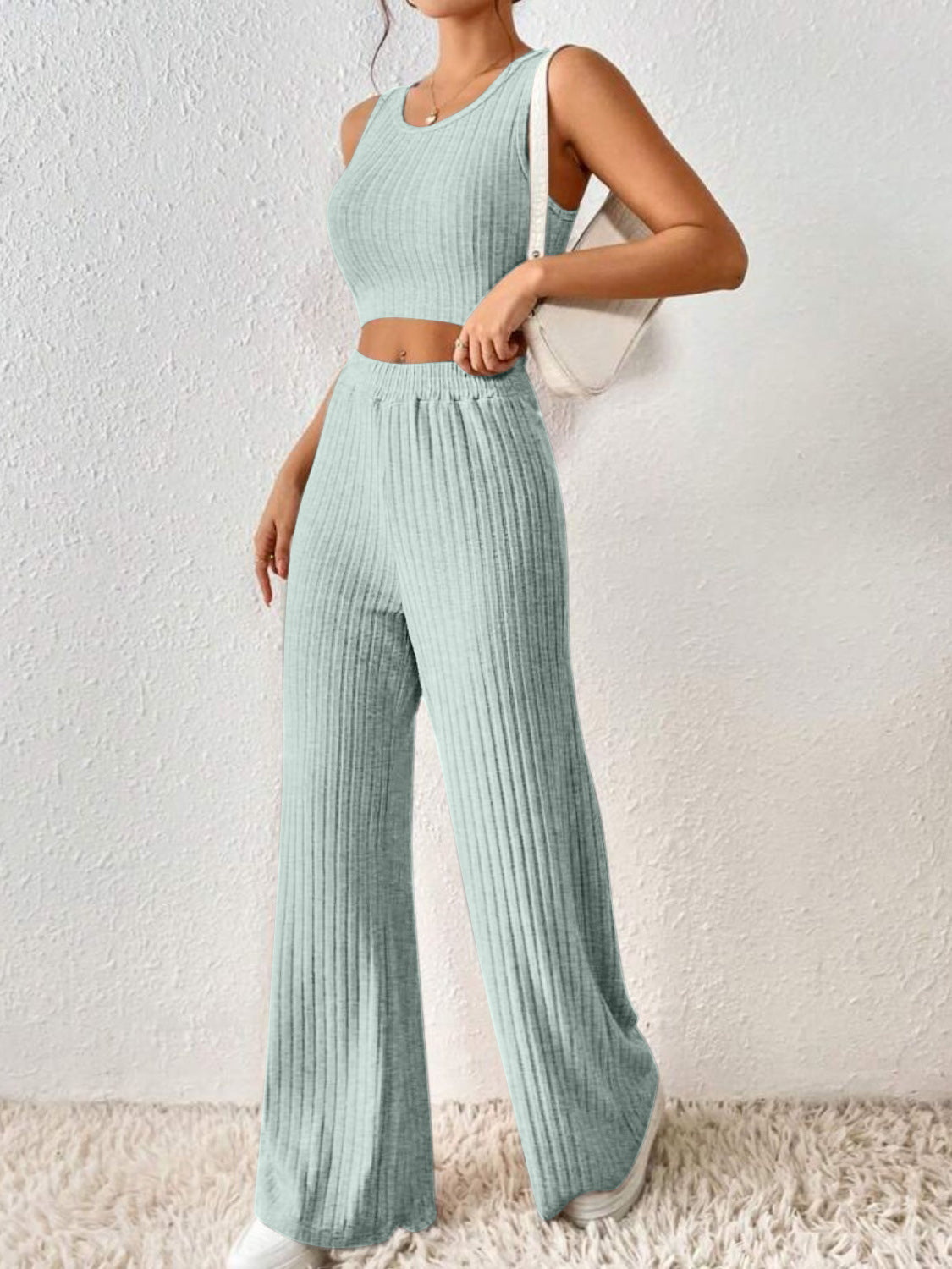 Ribbed Round Neck Tank and Pants Sweater Set