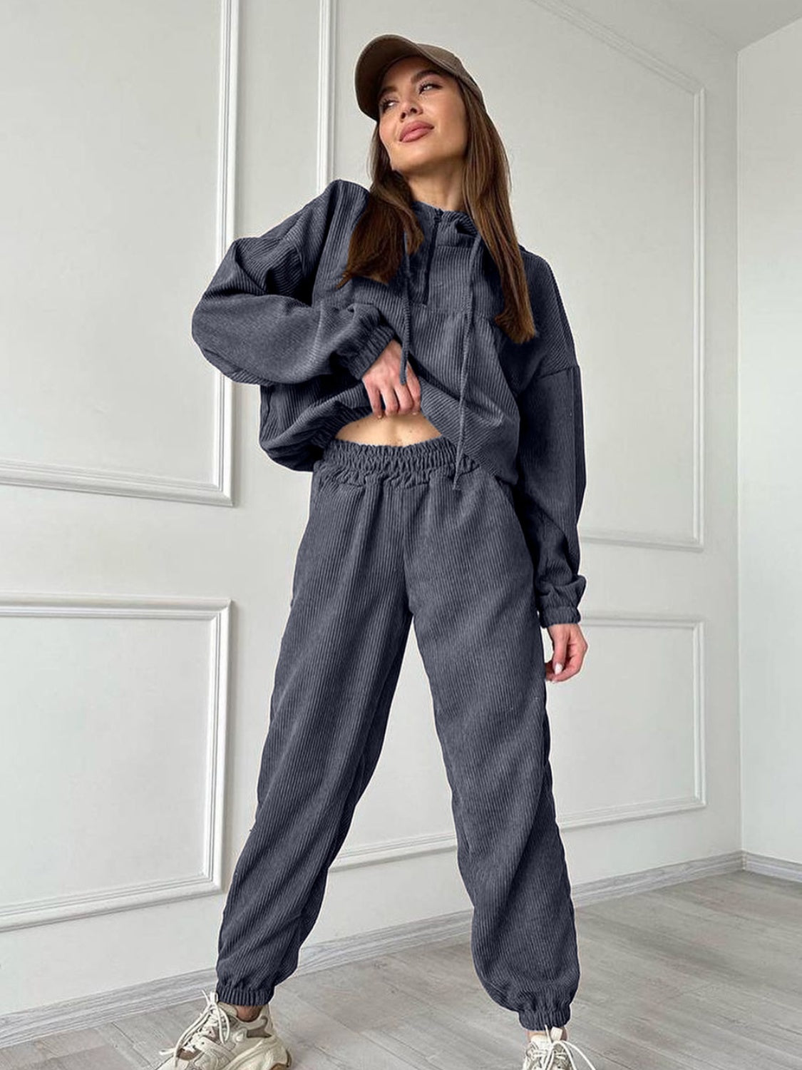 Half Zip Drawstring Hoodie and Pants Set