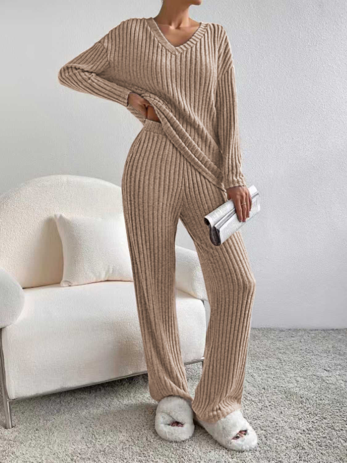 Ribbed V-Neck Long Sleeve Top and Pants Set