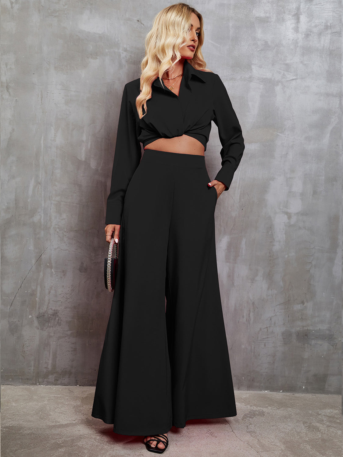 Collared Neck Long Sleeve Top and Wide Leg Pants Set